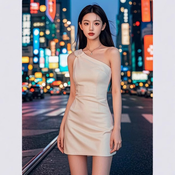 Haljina bez rukava s kosim ramenima, uski struk, kratka duljina, ovratnik pod kutem, poliester, ljeta 2024