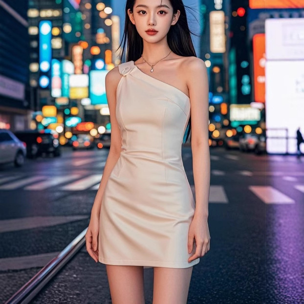 Haljina bez rukava s kosim ramenima, uski struk, kratka duljina, ovratnik pod kutem, poliester, ljeta 2024