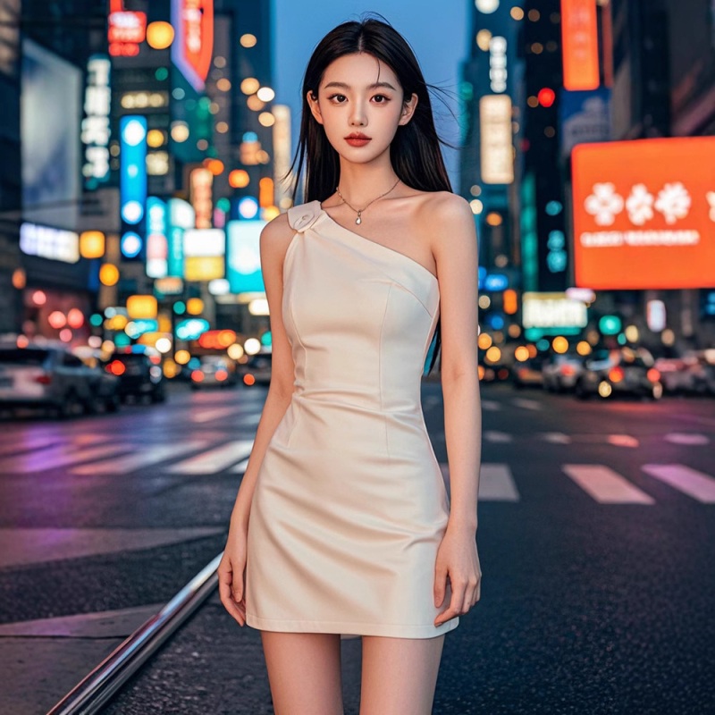 Haljina bez rukava s kosim ramenima, uski struk, kratka duljina, ovratnik pod kutem, poliester, ljeta 2024