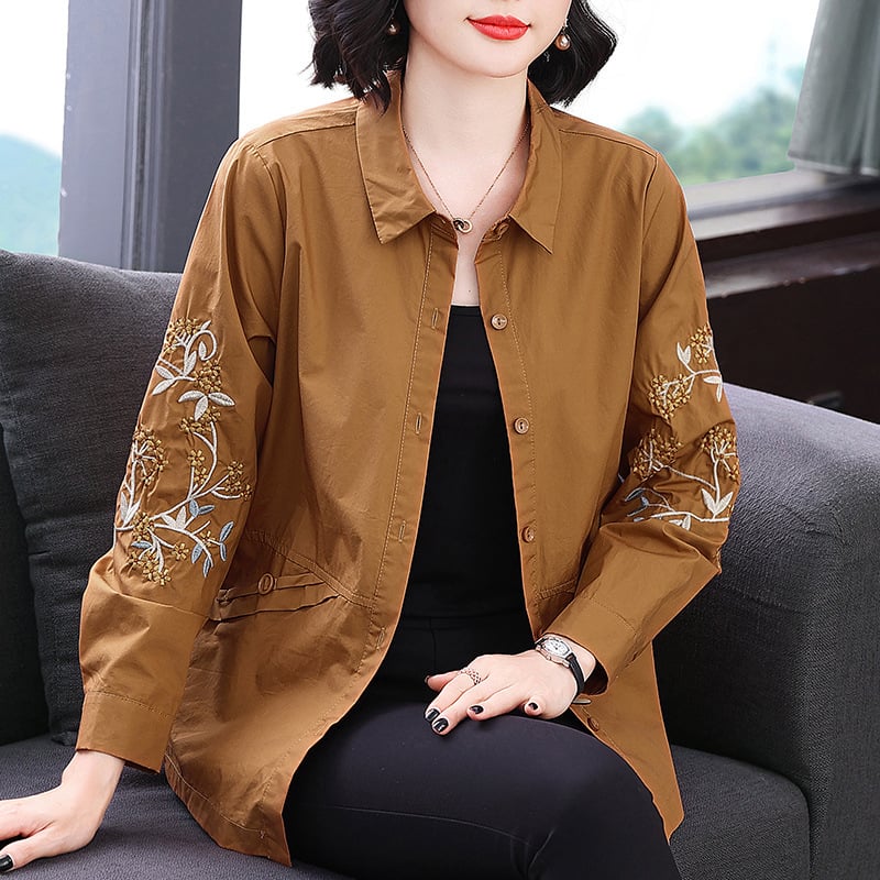 Izšivana pamučna jakna, tanak kroj, motiv biljaka i cvijeća, literarni retro stil, duljina 50–65 cm