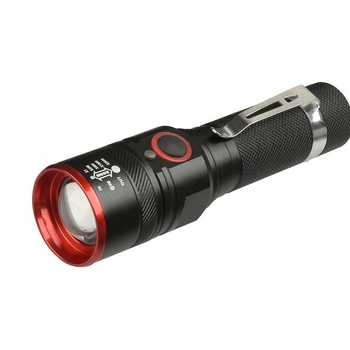 Φακός LED XML-T6 με κλιπ για στυλό, επαναφορτιζόμενος με ενδεικτικό, μακρινή εμβέλεια 200–500 m, σώμα από κράμα αλουμινίου