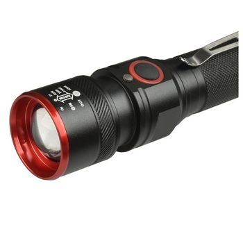 Φακός LED XML-T6 με κλιπ για στυλό, επαναφορτιζόμενος με ενδεικτικό, μακρινή εμβέλεια 200–500 m, σώμα από κράμα αλουμινίου