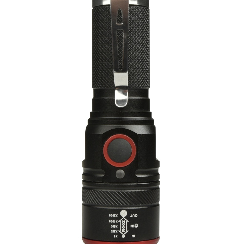 Φακός LED XML-T6 με κλιπ για στυλό, επαναφορτιζόμενος με ενδεικτικό, μακρινή εμβέλεια 200–500 m, σώμα από κράμα αλουμινίου
