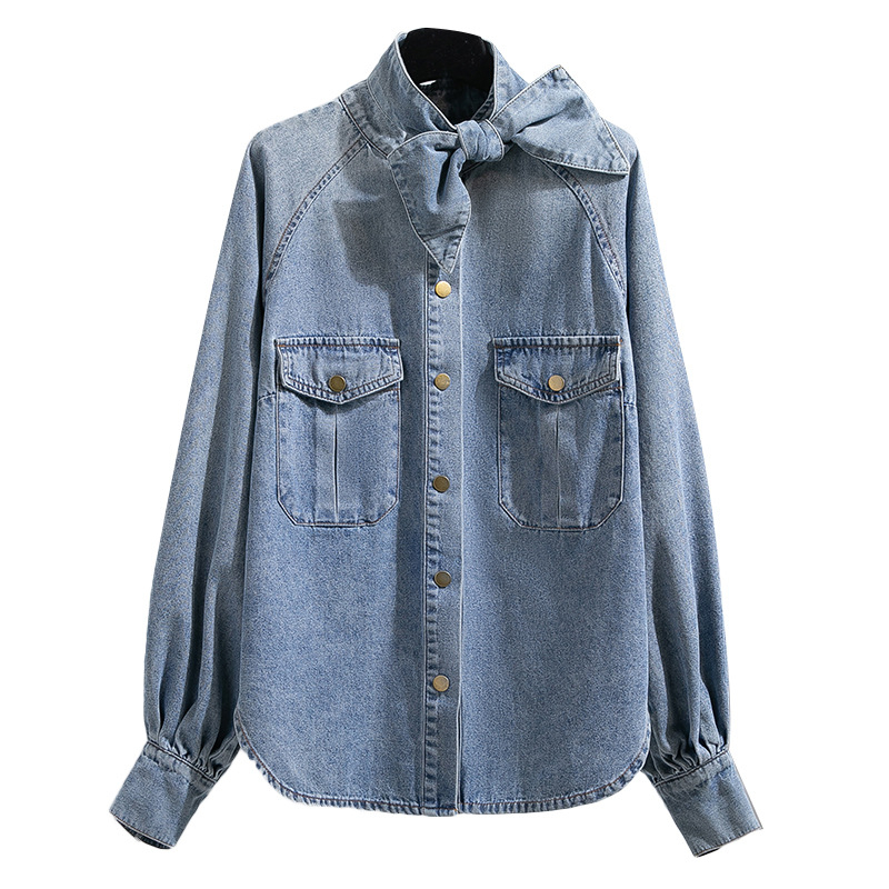 Sievietes džinsa krekli-jaka ar augstu apkakli, lampas garu piedurknēm, kabatas un zeltaini knofi, poliestera maisījums