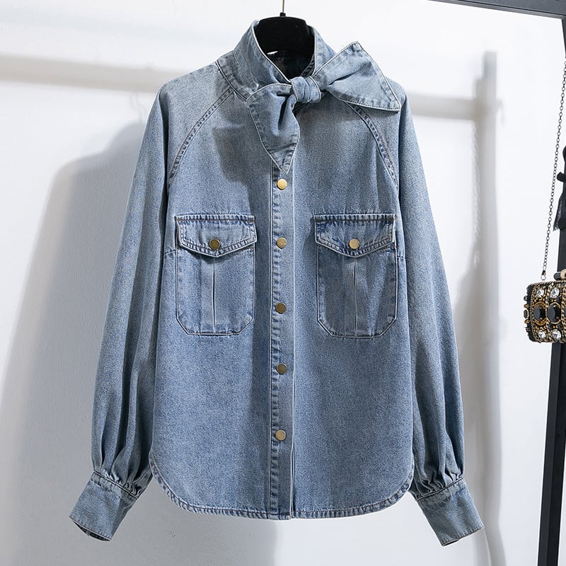 Sievietes džinsa krekli-jaka ar augstu apkakli, lampas garu piedurknēm, kabatas un zeltaini knofi, poliestera maisījums