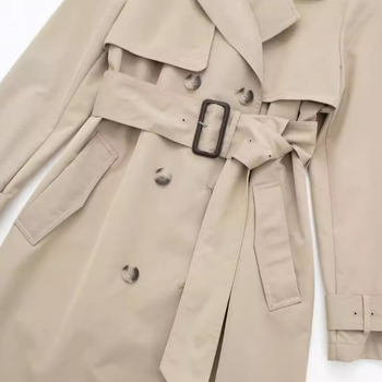 Женски тренчкот с колан – полиестер, едноцветен модел, дълги ръкави, двойно закопчаване, интелектуален градски стил, есенно 2024