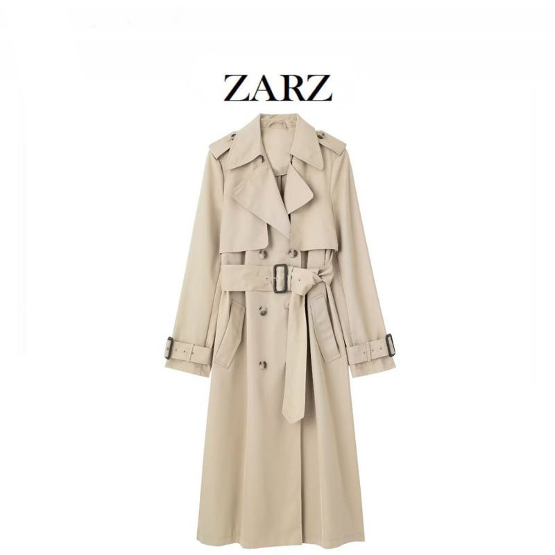 Женски тренчкот с колан – полиестер, едноцветен модел, дълги ръкави, двойно закопчаване, интелектуален градски стил, есенно 2024