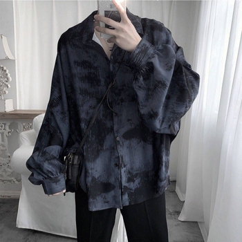 Muška košulja s tie-dye uzorkom i cvjetnim printom, dugi rukavi, slobodan kroj, poliester vlakna smjesa, fleec podstava