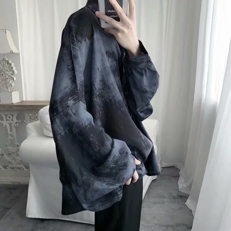 Muška košulja s tie-dye uzorkom i cvjetnim printom, dugi rukavi, slobodan kroj, poliester vlakna smjesa, fleec podstava