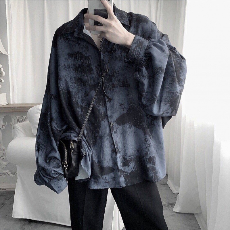 Muška košulja s tie-dye uzorkom i cvjetnim printom, dugi rukavi, slobodan kroj, poliester vlakna smjesa, fleec podstava