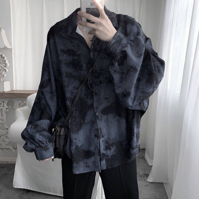Muška košulja s tie-dye uzorkom i cvjetnim printom, dugi rukavi, slobodan kroj, poliester vlakna smjesa, fleec podstava
