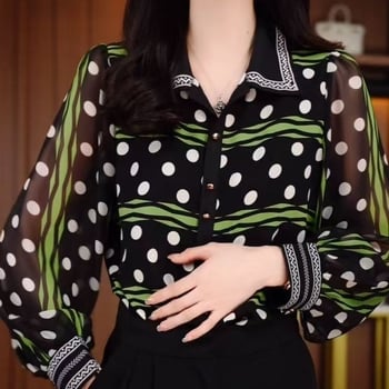 Crna bluza s točkicama od šifona, širokog kroja, plus veličina, elegantan poslovni stil