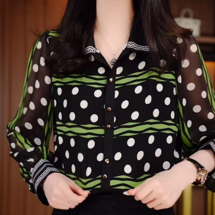 Crna bluza s točkicama od šifona, širokog kroja, plus veličina, elegantan poslovni stil