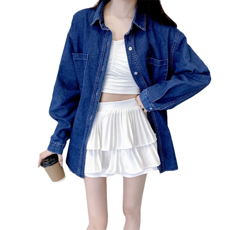 Ženska denim košulja-jakna, ležernog kroja, dugi rukavi, košulni ovratnik, višestruko kopčanje