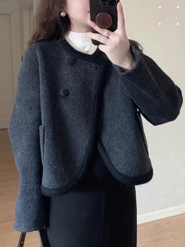 Crna dvostrano tweed jakna za žene, kratka jakna, jesen-zima, elegantan stil