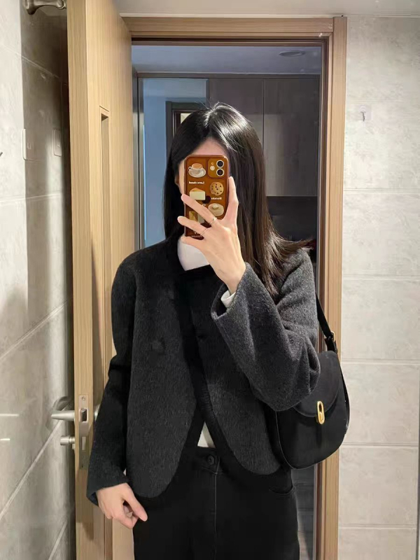 Crna dvostrano tweed jakna za žene, kratka jakna, jesen-zima, elegantan stil
