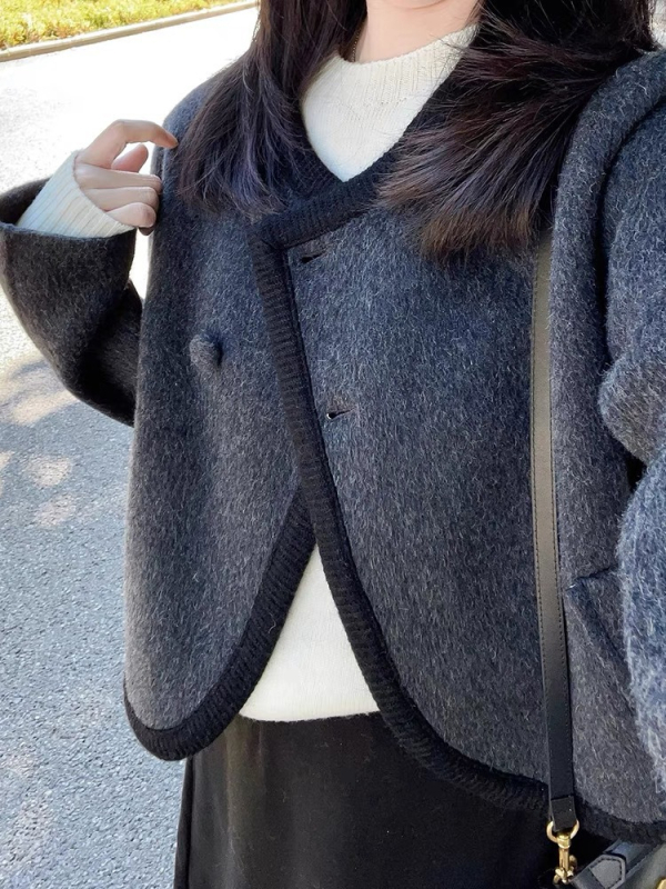 Crna dvostrano tweed jakna za žene, kratka jakna, jesen-zima, elegantan stil