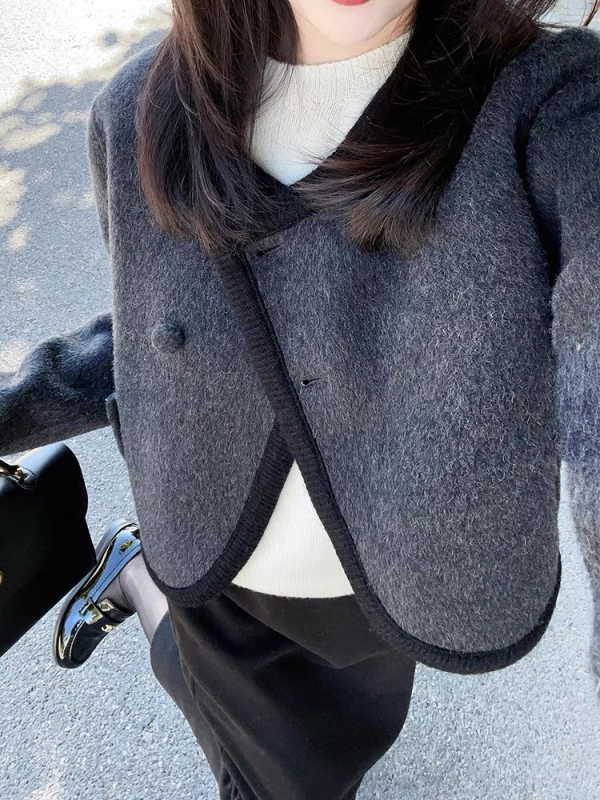 Crna dvostrano tweed jakna za žene, kratka jakna, jesen-zima, elegantan stil