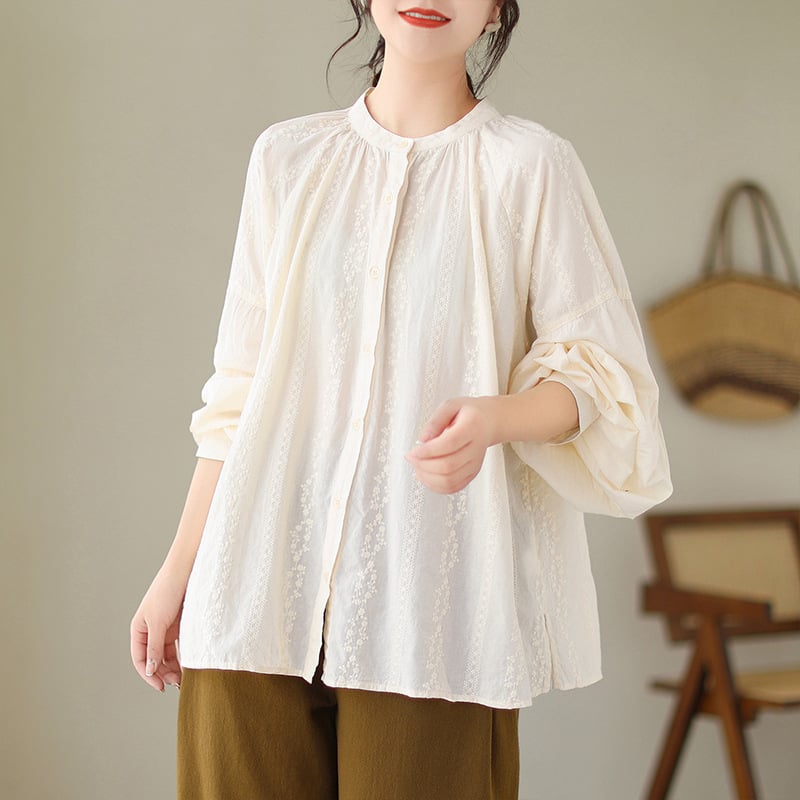 2025 oversize bluza s lampion rukavima i malim stojećim ovratnikom, umjetnički šumski stil, pamučna jakna s izvezenom tkaninom za žene, plus veličina