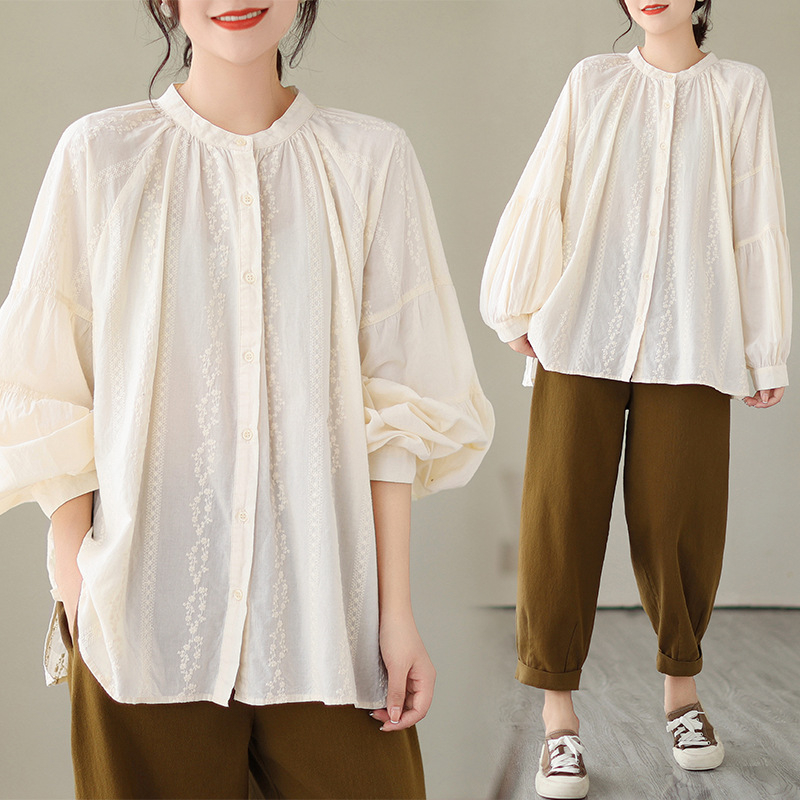 2025 oversize bluza s lampion rukavima i malim stojećim ovratnikom, umjetnički šumski stil, pamučna jakna s izvezenom tkaninom za žene, plus veličina