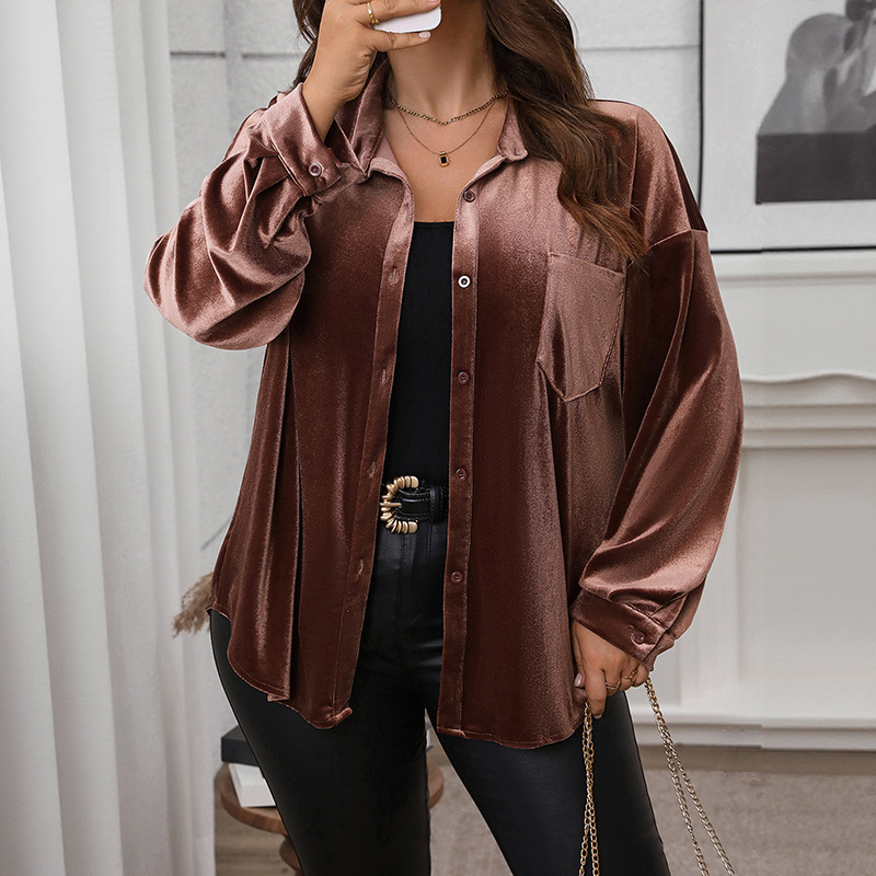 Ženska baršunasta bluza s ovratnikom Lapel, široki kroj, dugi rukavi, 95% poliester