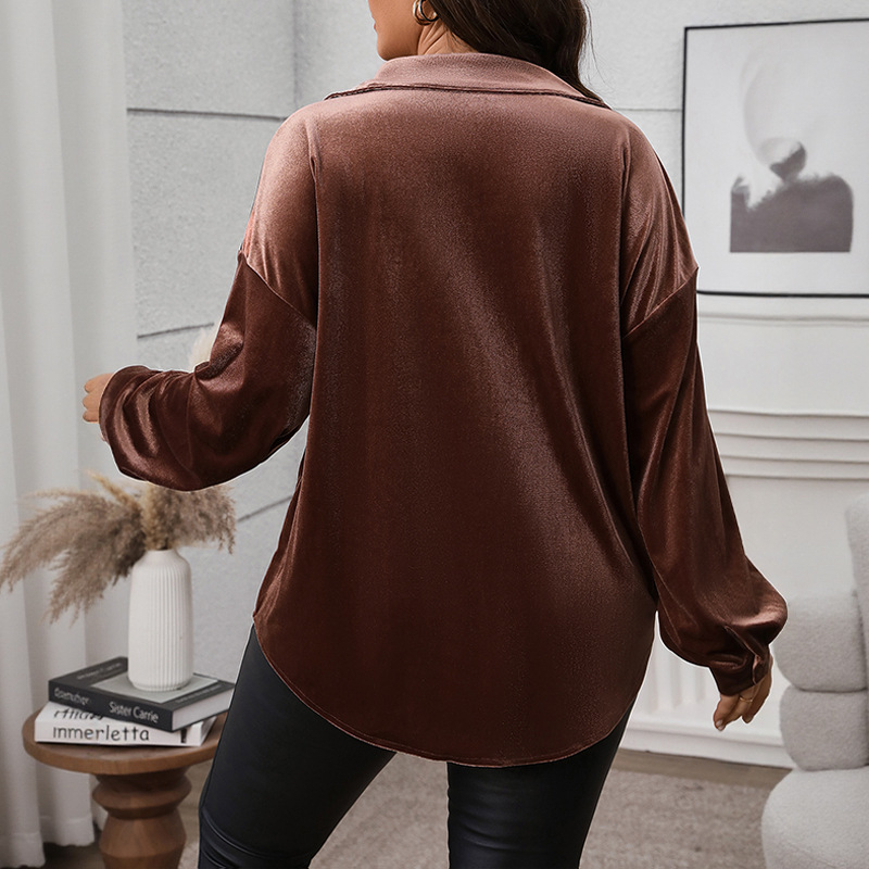 Ženska baršunasta bluza s ovratnikom Lapel, široki kroj, dugi rukavi, 95% poliester