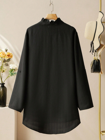 Moterų poliesterinis topas su augalų ir gėlių raštu, siuvinėjimu nėriniu, stovinčiu kaklu, ilgomis rankovėmis