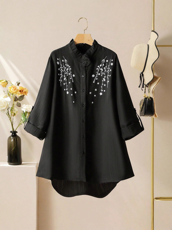 Moterų poliesterinis topas su augalų ir gėlių raštu, siuvinėjimu nėriniu, stovinčiu kaklu, ilgomis rankovėmis