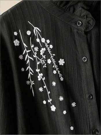 Moterų poliesterinis topas su augalų ir gėlių raštu, siuvinėjimu nėriniu, stovinčiu kaklu, ilgomis rankovėmis