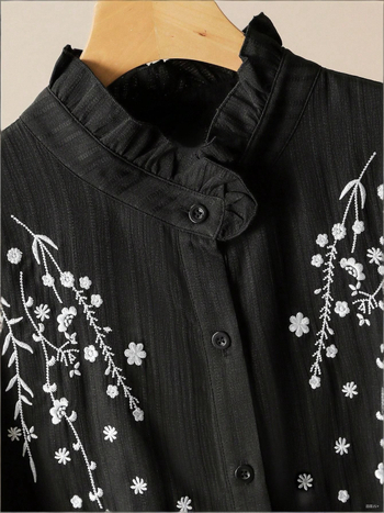 Moterų poliesterinis topas su augalų ir gėlių raštu, siuvinėjimu nėriniu, stovinčiu kaklu, ilgomis rankovėmis