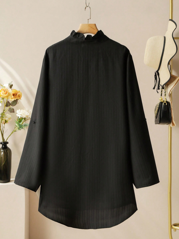 Moterų poliesterinis topas su augalų ir gėlių raštu, siuvinėjimu nėriniu, stovinčiu kaklu, ilgomis rankovėmis