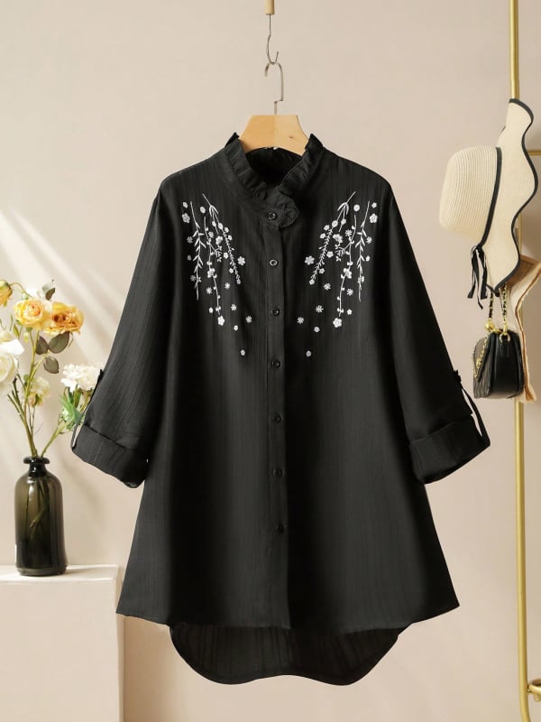 Moterų poliesterinis topas su augalų ir gėlių raštu, siuvinėjimu nėriniu, stovinčiu kaklu, ilgomis rankovėmis