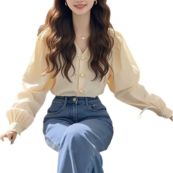 Moteriški spalvų blokų ilgarankoviai marškiniai, V kaklas, puloverio siluetas, lampioniniai rankovės, koliažo/splice dizainas, audinys akrilas su 30–50% elastano ir regeneruotos celiuliozės pluoštas, pavasaris 2025