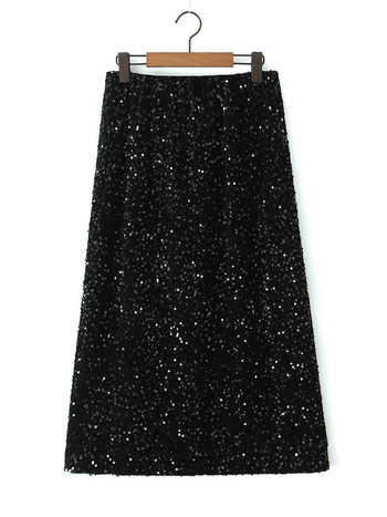 Sequins velvet A-line suknja s visokim strukom i elastičnim pojasom, srednje duljine, detalji patchwork kolaž, mješavina poliestera i spandexa