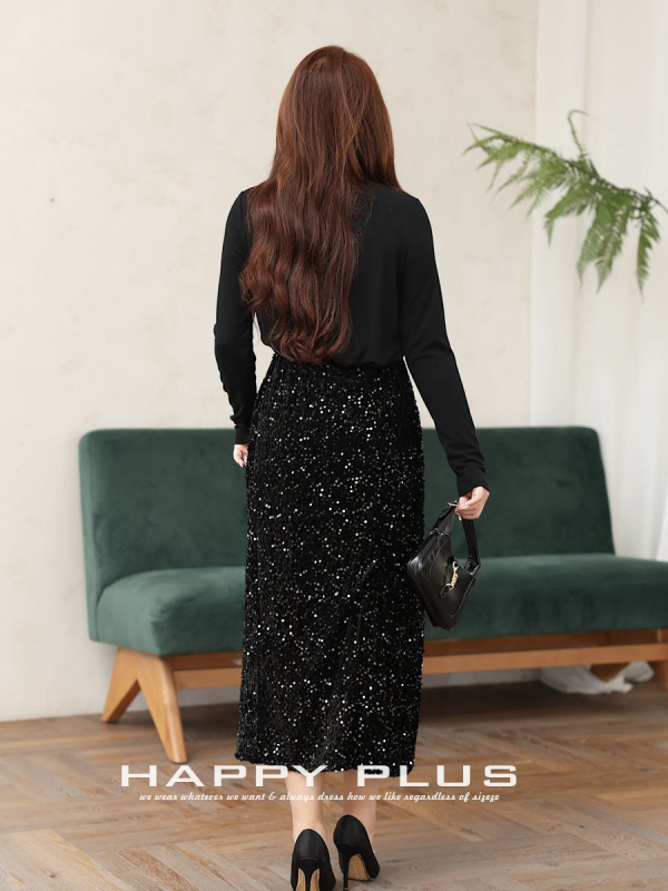 Sequins velvet A-line suknja s visokim strukom i elastičnim pojasom, srednje duljine, detalji patchwork kolaž, mješavina poliestera i spandexa