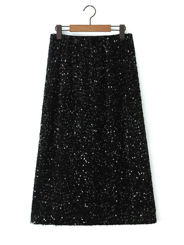 Sequins velvet A-line suknja s visokim strukom i elastičnim pojasom, srednje duljine, detalji patchwork kolaž, mješavina poliestera i spandexa