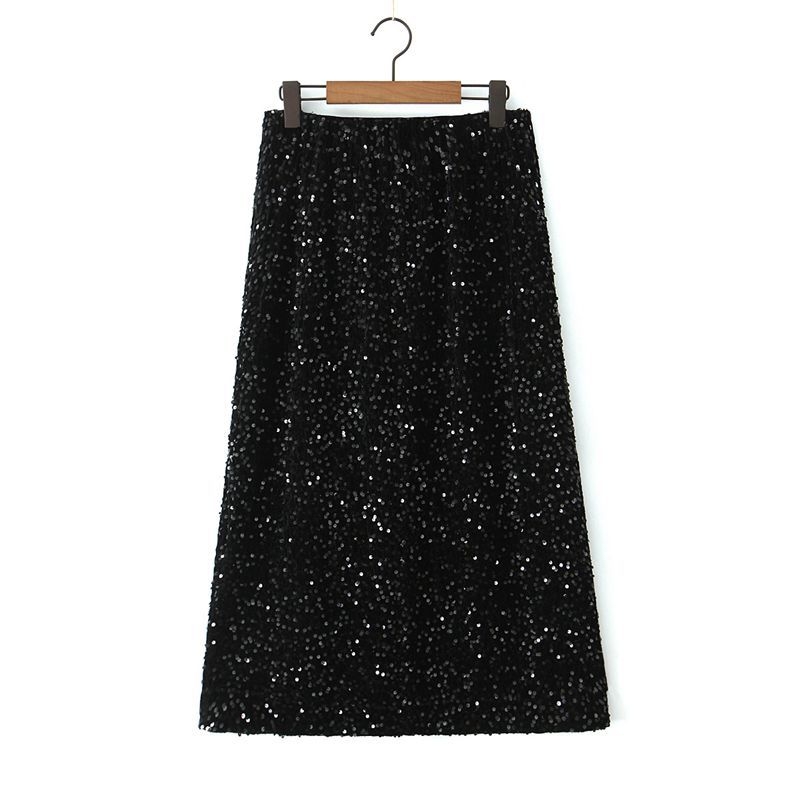 Sequins velvet A-line suknja s visokim strukom i elastičnim pojasom, srednje duljine, detalji patchwork kolaž, mješavina poliestera i spandexa
