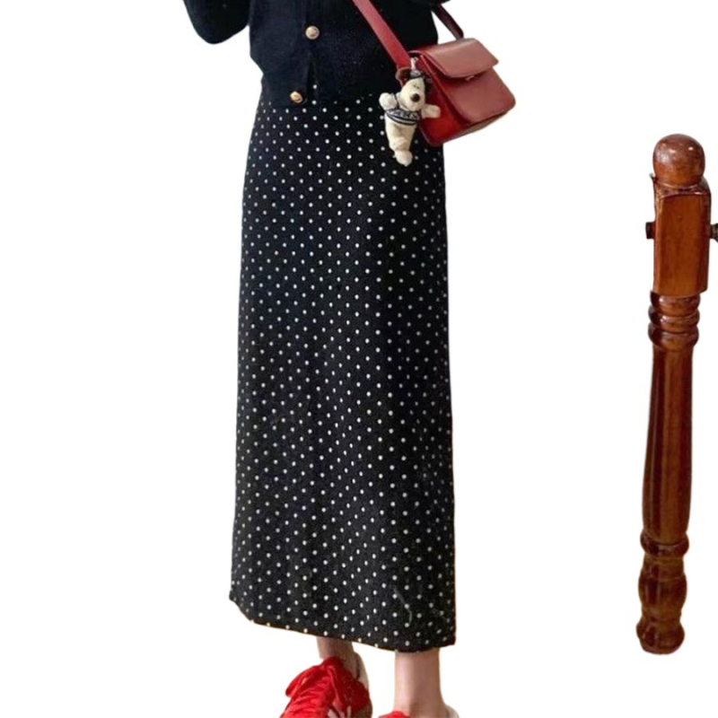 Подплатена миди пола с висока талия, разкроена, точкова шарка