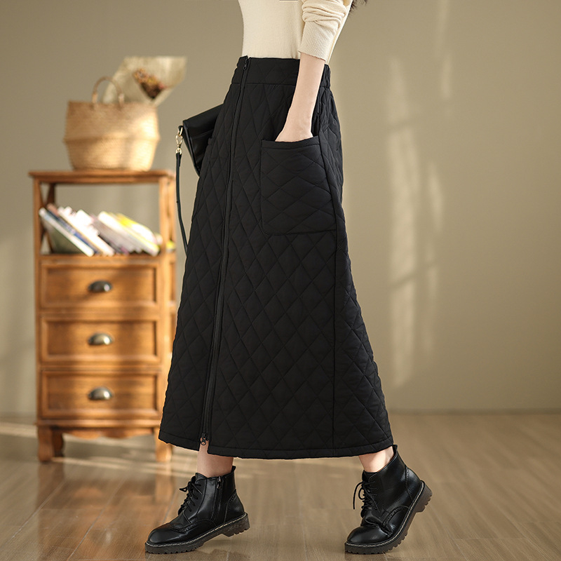 Zimska pamučna suknja, A-linija, otporna na vjetar i topla, zip i džepovi, mrežasti uzorak