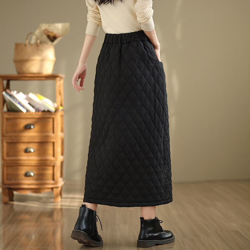 Zimska pamučna suknja, A-linija, otporna na vjetar i topla, zip i džepovi, mrežasti uzorak