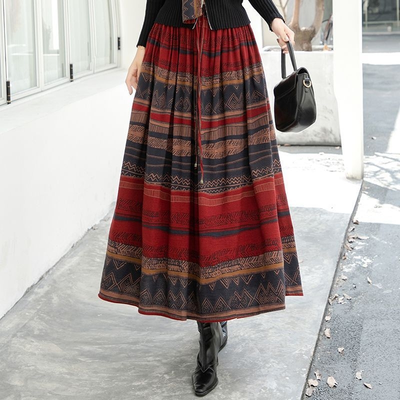 Dugačka A-linijska suknja sa prugama za žene, poliester, trodimenzionalno krojenje, elegantan uredski stil