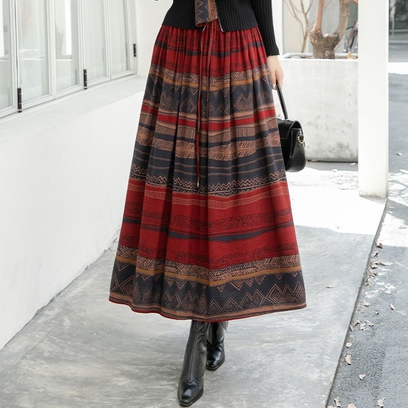 Dugačka A-linijska suknja sa prugama za žene, poliester, trodimenzionalno krojenje, elegantan uredski stil