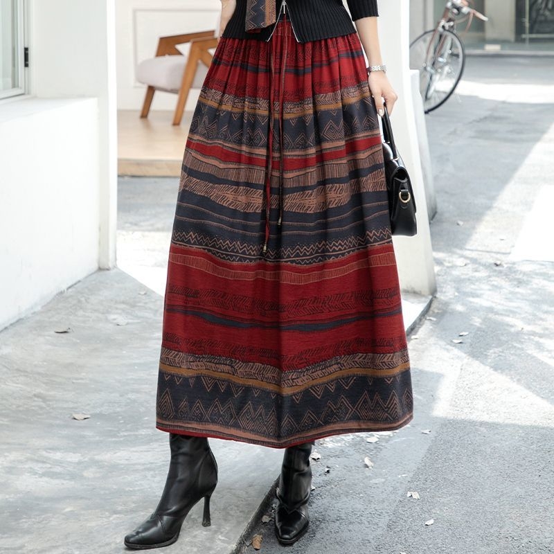 Dugačka A-linijska suknja sa prugama za žene, poliester, trodimenzionalno krojenje, elegantan uredski stil