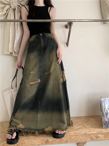 Duga traper suknja A-linije s visokim strukom i rupama