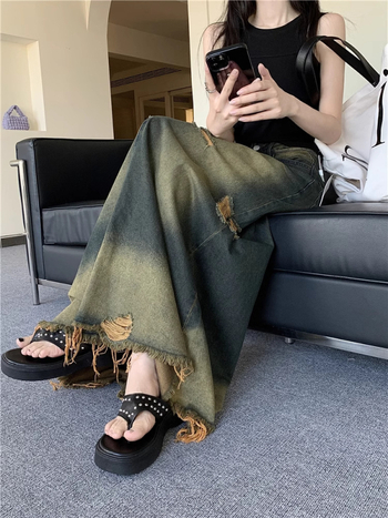 Duga traper suknja A-linije s visokim strukom i rupama