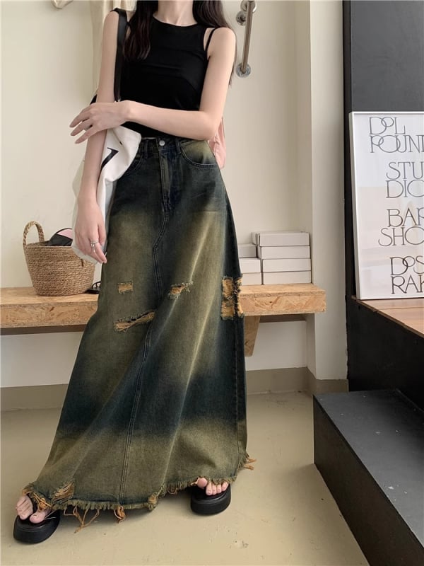 Duga traper suknja A-linije s visokim strukom i rupama