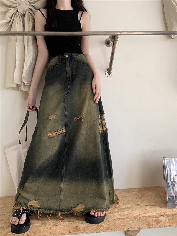 Duga traper suknja A-linije s visokim strukom i rupama