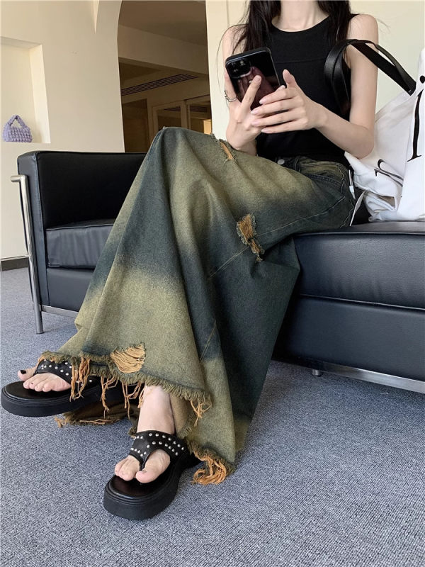 Duga traper suknja A-linije s visokim strukom i rupama