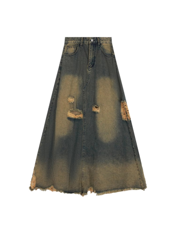 Duga traper suknja A-linije s visokim strukom i rupama