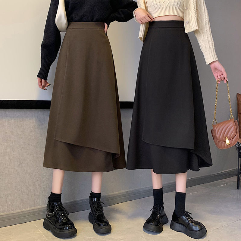 Ženska suknja za plus veličinu, asimetrična, srednje duljine, visok pas, A-linija s prostranim obodom